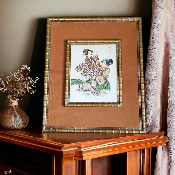 JANET EDRIS Geisha Girls' Handcolored Etched Synthetic Tile Framed - Picture 1 of 4